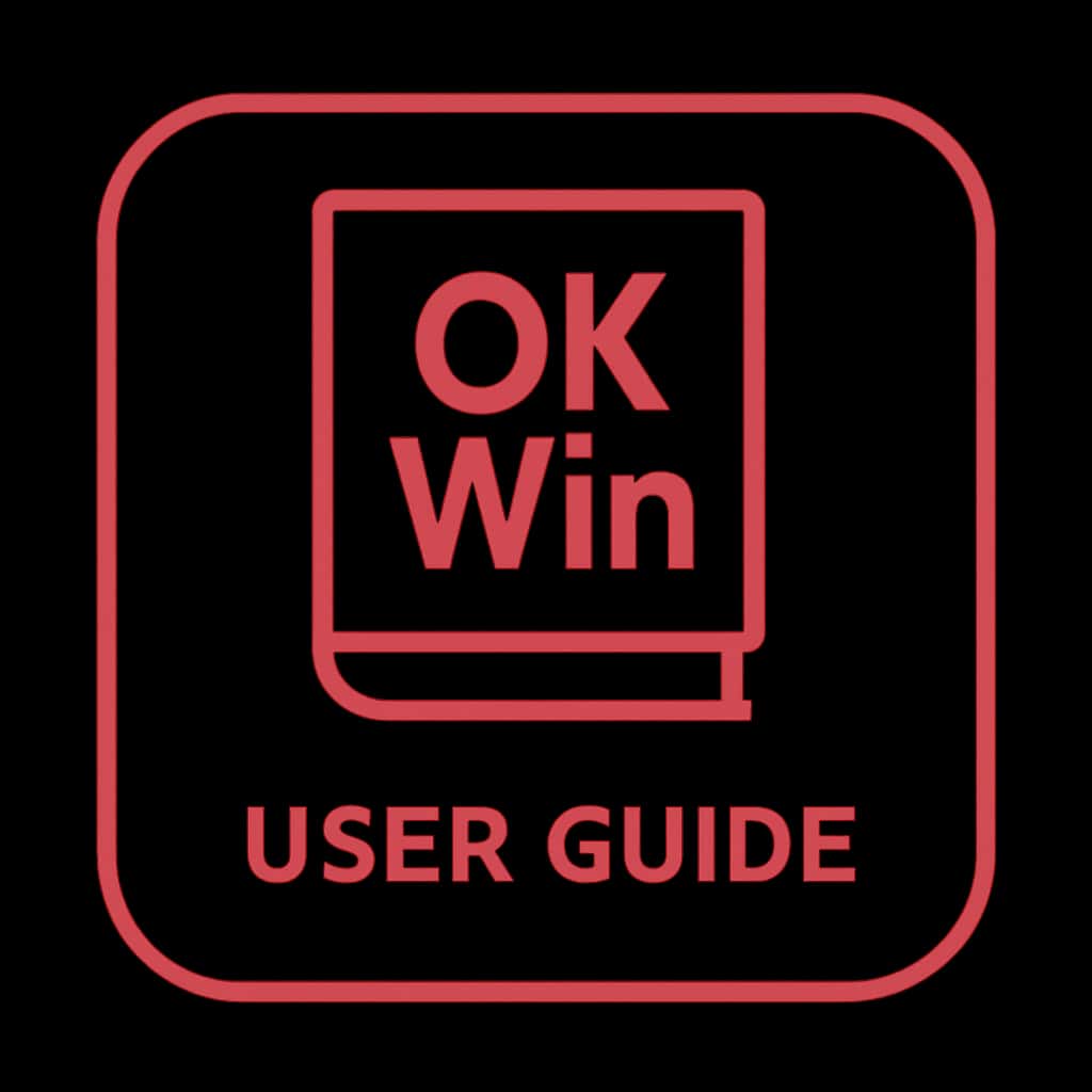 A minimalistic badge design for the OK Win User Guide, featuring bold text.