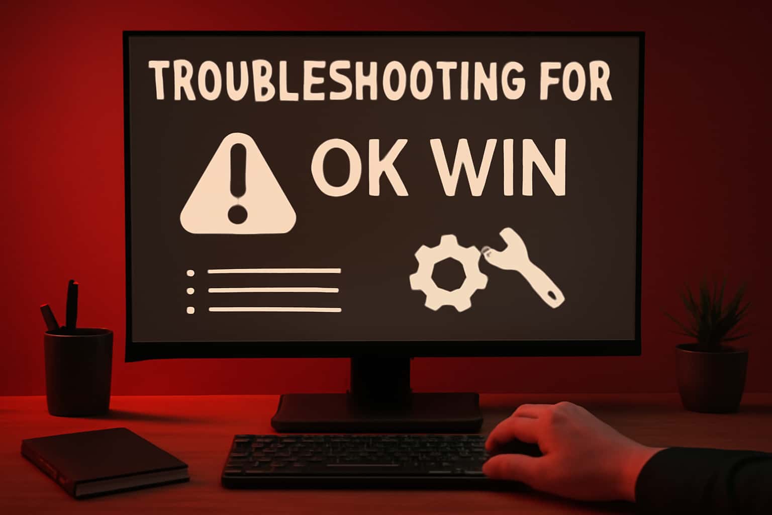 A scene depicting troubleshooting techniques for OK Win, showcasing clear text presentation.